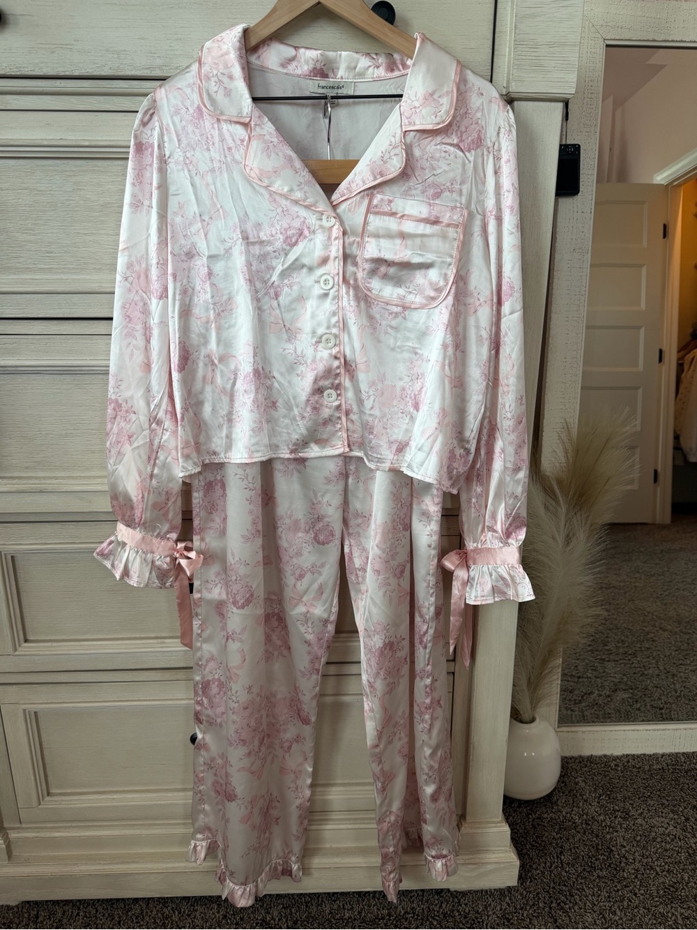 Francesca's Collections Pink and White Satin Pajama Set